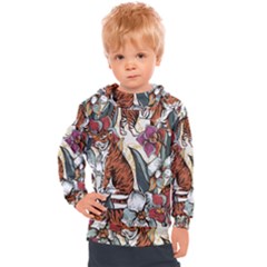 Natural Seamless Pattern With Tiger Blooming Orchid Kids  Hooded Pullover