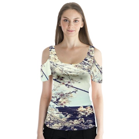 Plum Blossoms Butterfly Sleeve Cutout Tee  by okhismakingart