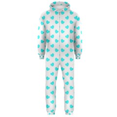 White Light Blue Hearts Pattern, Pastel Sky Blue Color Hooded Jumpsuit (men)  by Casemiro