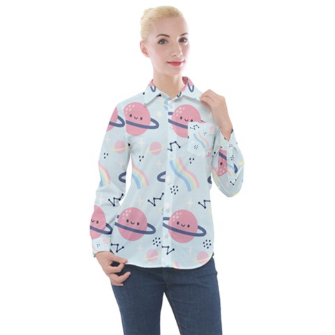 Cute Planet Space Seamless Pattern Background Women s Long Sleeve Pocket Shirt by BangZart