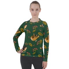 Cute Seamless Pattern Bird With Berries Leaves Women s Pique Long Sleeve Tee