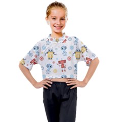 Cute Cartoon Robots Seamless Pattern Kids Mock Neck Tee