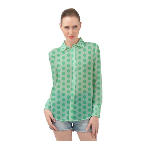 Polka Dots Mint Green, Pastel Colors, Retro, Vintage Pattern Long Sleeve Chiffon Shirt by Casemiro