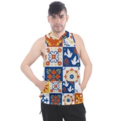 Mexican Talavera Pattern Ceramic Tiles With Flower Leaves Bird Ornaments Traditional Majolica Style Men s Sleeveless Hoodie by BangZart