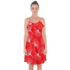 White Abstract Flowers On Red Ruffle Detail Chiffon Dress by Dushan