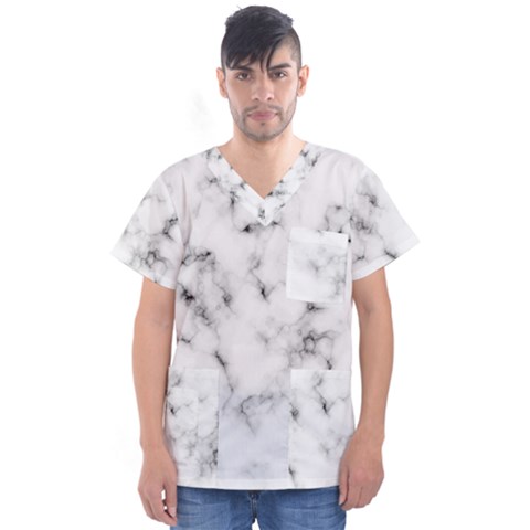 White Faux Marble Texture  Men s V-neck Scrub Top by Dushan