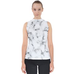White Faux Marble Texture  Mock Neck Shell Top by Dushan