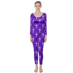 White And Purple Art-deco Pattern Long Sleeve Catsuit by Dushan