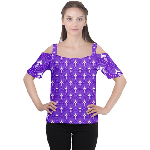 White And Purple Art-deco Pattern Cutout Shoulder Tee by Dushan