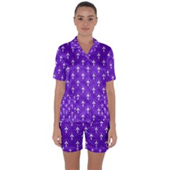 White And Purple Art-deco Pattern Satin Short Sleeve Pyjamas Set