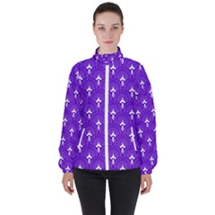 White And Purple Art-deco Pattern Women s High Neck Windbreaker by Dushan