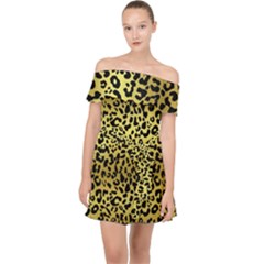 Gold And Black, Metallic Leopard Spots Pattern, Wild Cats Fur Off Shoulder Chiffon Dress by Casemiro