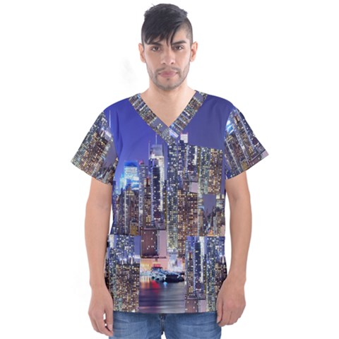 New-york Cityscape  Men s V-neck Scrub Top by Dushan