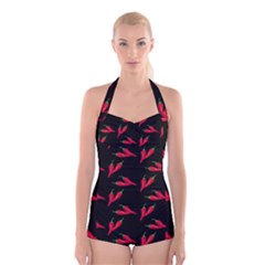 Red, Hot Jalapeno Peppers, Chilli Pepper Pattern At Black, Spicy Boyleg Halter Swimsuit  by Casemiro