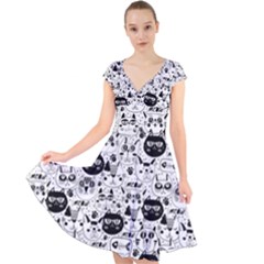 Cute Cat Faces Pattern Cap Sleeve Front Wrap Midi Dress by TastefulDesigns