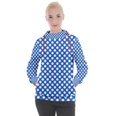 Pastel Blue, White Polka Dots Pattern, Retro, Classic Dotted Theme Women s Hooded Pullover