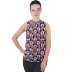 Eyes Cups Mock Neck Chiffon Sleeveless Top by Sparkle