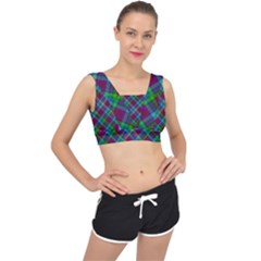 Purple, Green Tartan, Retro Buffalo Plaid Pattern, Classic Tiled Theme V-back Sports Bra by Casemiro