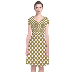 Gold Polka Dots Patterm, Retro Style Dotted Pattern, Classic White Circles Short Sleeve Front Wrap Dress by Casemiro