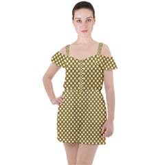 Gold Polka Dots Patterm, Retro Style Dotted Pattern, Classic White Circles Ruffle Cut Out Chiffon Playsuit by Casemiro