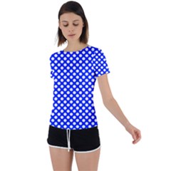 Dark Blue And White Polka Dots Pattern, Retro Pin-up Style Theme, Classic Dotted Theme Back Circle Cutout Sports Tee by Casemiro