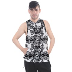 Stylized Botanical Motif Black And White Print Men s Sleeveless Hoodie by dflcprintsclothing