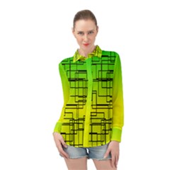 Geometrical Lines Pattern, Asymmetric Blocks Theme, Line Art Long Sleeve Chiffon Shirt