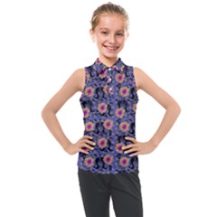 60s Girl Floral Blue Kids  Sleeveless Polo Tee