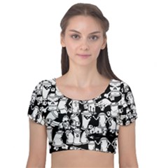 Graffiti Spray Can Characters Seamless Pattern Velvet Short Sleeve Crop Top  by Amaryn4rt