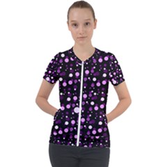 Purple, Pink Bokeh Dots, Asymmetric Polka Dot With Modern Twist Short Sleeve Zip Up Jacket
