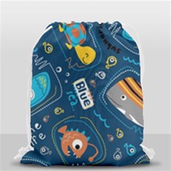 Seamless Pattern Vector Submarine With Sea Animals Cartoon Drawstring Bag (small) by Amaryn4rt