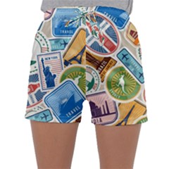 Travel Pattern Immigration Stamps Stickers With Historical Cultural Objects Travelling Visa Immigrant Sleepwear Shorts by Amaryn4rt