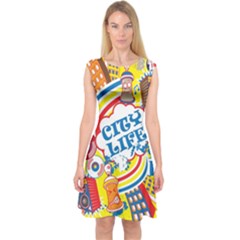 Colorful City Life Horizontal Seamless Pattern Urban City Capsleeve Midi Dress by Amaryn4rt