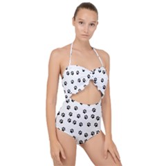 Dog Paws Pattern, Black And White Vector Illustration, Animal Love Theme Scallop Top Cut Out Swimsuit by Casemiro