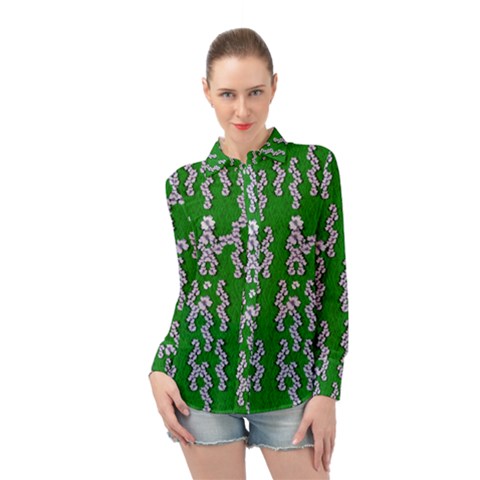 Cherry-blossoms Branch Decorative On A Field Of Fern Long Sleeve Chiffon Shirt by pepitasart