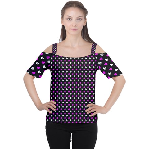 White And Pink Hearts At Black, Vector Handrawn Hearts Pattern Cutout Shoulder Tee by Casemiro