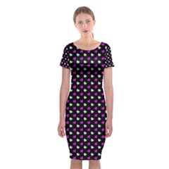 White And Pink Hearts At Black, Vector Handrawn Hearts Pattern Classic Short Sleeve Midi Dress by Casemiro