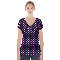 White And Pink Hearts At Black, Vector Handrawn Hearts Pattern Short Sleeve Front Detail Top by Casemiro