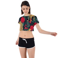 Seamless-pattern-with-leopards-and-roses-vector Tie Back Short Sleeve Crop Tee