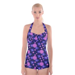 Pink And Blue Flowers Boyleg Halter Swimsuit 