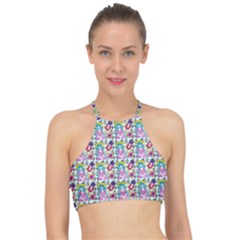 Blue Haired Girl Pattern Blue Racer Front Bikini Top