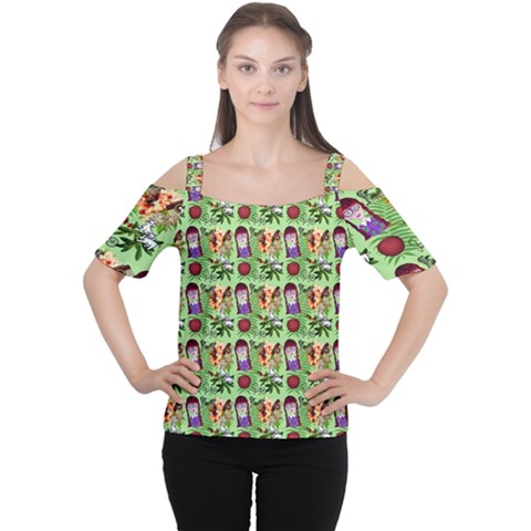 Purple Glasses Girl Pattern Green Cutout Shoulder Tee by snowwhitegirl