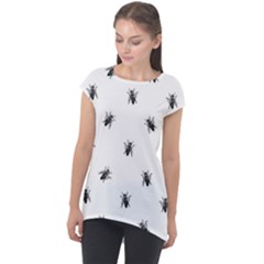 Housefly Drawing Motif Print Pattern Cap Sleeve High Low Top