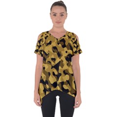 Black Yellow Brown Camouflage Pattern Cut Out Side Drop Tee by SpinnyChairDesigns