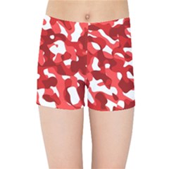 Red And White Camouflage Pattern Kids  Sports Shorts by SpinnyChairDesigns