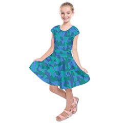 Blue Turquoise Teal Camouflage Pattern Kids  Short Sleeve Dress by SpinnyChairDesigns