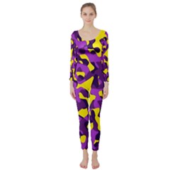 Purple And Yellow Camouflage Pattern Long Sleeve Catsuit by SpinnyChairDesigns