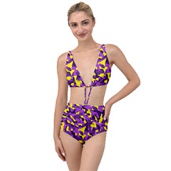 Purple And Yellow Camouflage Pattern Tied Up Two Piece Swimsuit by SpinnyChairDesigns