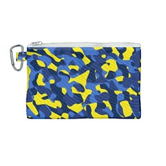 Blue And Yellow Camouflage Pattern Canvas Cosmetic Bag (medium) by SpinnyChairDesigns