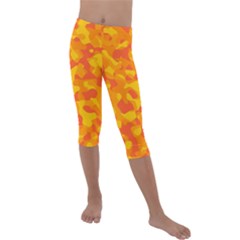 Orange And Yellow Camouflage Pattern Kids  Lightweight Velour Capri Leggings  by SpinnyChairDesigns